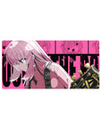 32x16 inches anime girl mouse pad with pink-haired guitarist and black-gold Gibson headstock poster backdrop.