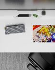 14x10 inches anime mouse pad with blazing red background, blonde hair, blue eyes, and chaotic energy.