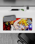 Anime mouse pad 28x12 inches with blazing red energy, bright blue eyes, and chaotic hero vibe.
