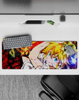32x12 inches anime mouse pad in bold red, blonde, black, and white with chaotic hero energy.
