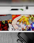 36x16 inches anime desk pad with blazing red energy, bright blue eyes, and a chaotic hero vibe.