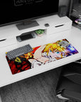 Meliodas anime mouse pad 32x12 inches with blue eyes, cheeky grin, and blazing red background.