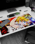 Meliodas from The Seven Deadly Sins on a 40x20 inches desk pad, grinning in a dynamic tilted pose.