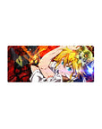 Meliodas anime mouse pad, 28x12 inches, red crackling backdrop with bold armor and dynamic pose.