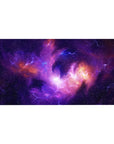 Galaxy swirl desk pad with star speckles and zigzag lightning lines, 40x20 inches.