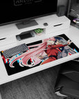 Artistic 36x16 inches mouse pad featuring Zero Two design, with vibrant colors and motion to bring her bold character and energy to your desk.