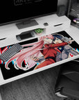 Large 40x20 inches mouse pad featuring Zero Two design, with vibrant colors and motion to capture her bold energy and character.