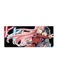 Mouse pad featuring Zero Two design, 28x12 inches, with vibrant colors and dynamic motion for a bold, energetic anime-inspired look.