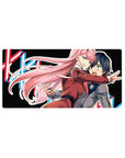 Mouse pad featuring Zero Two design, 32x16 inches, with vibrant colors, motion, and bold character design for a high-energy, dynamic look.