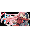 Mouse pad featuring Zero Two design, 36x16 inches, with vibrant colors, motion, and bold character design for a high-energy anime look.