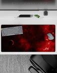 Moody wine-red and near-black gradient desk mat mouse pad 32x16 inches with warm cinematic feel.