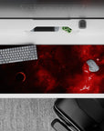 Moody deep wine-red and near-black desk pad 36x16 inches, warm cinematic look with subtle starlight.