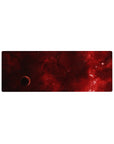 Crimson cosmos galaxy mouse pad 32x12 inches with smoky red nebula, tiny stars, and dark edges.
