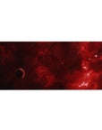 Crimson cosmos desk pad 36x16 inches with smoky red nebula swirls, tiny stars, and dark edges.