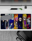 32x16 inches anime mouse pad in stormy blues, ember orange, and electric yellow with intense energy.