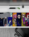 36x16 inches anime desk pad in deep blue, ember orange, and electric yellow with intense storm-lit mood.