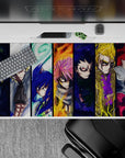 40x20 inches anime desk pad in deep blues, ember orange, and electric yellow with stormy, intense energy.