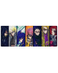 32x12 inches anime mouse pad with seven fierce warrior portraits in stained-glass panel lineup.