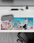 32x12 inches pastel blue and pink anime desk mat, calm romantic vibe with gentle sparkle.