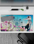 32x16 inches pastel blue and pink anime mouse pad, calm romantic summer vibe with soft clouds and shimmer.