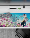 Pastel blue and pink anime girl desk pad 36x16 inches, dreamy romantic summer vibe.