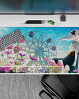 Pastel blue and pink anime desk pad 40x20 inches, calm romantic mood with soft skies and gentle shimmer.