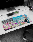 32x16 inches anime girl desk mat showing silver-haired girl watching the breeze by a ferris wheel at dusk.