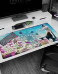 Silver-haired anime girl desk pad 40x20 inches, watching the breeze by a dreamy ferris wheel in summer skies.