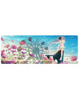32x12 inches anime girl mouse pad with dreamy ferris wheel, pastel clouds, and cosmos flowers.