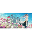 Anime girl desk pad 36x16 inches with ferris wheel, pastel clouds, and cosmos flowers.