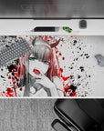 Bold 40x20 desk pad with splattered contrasts and fierce energy, perfect for raw anime style