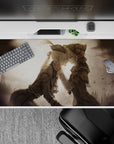 Soft sepia romantic anime desk pad 40x20 inches with misty skies, moody light, and calm vintage tones.