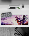 32x12 inches anime girl mouse pad in dreamy purple gradients, soft clouds, warm sunrise streaks.