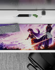 36x16 inches desk pad in dreamy purple sky gradients with soft clouds and warm sunrise streaks.