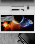 Moody space mouse pad 32x16 inches in midnight black, blazing orange glow, and icy blue haze.