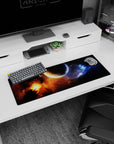Cratered planet scene 32x12 inches extended mouse pad with orange nebula blaze and drifting blue haze.