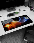 Cratered planet scene mouse pad 32x16 inches with orange nebula flare and drifting blue smoke.