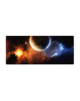 Space-themed desk mouse pad 28x12 inches with nebula glow, cratered planet, and swirling shadows.