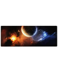 Space-themed 32x12 inches desk mouse pad with nebula glow, swirling shadows, and clean dark fade.