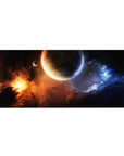 Space-themed desk pad 36x16 inches with swirling nebula, cratered planet, and clean black fade edge.