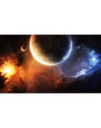 Space-themed desk pad 40x20 inches with swirling nebula, deep blacks, and cratered planet artwork.
