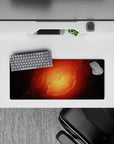 Warm fiery mouse pad 28x12 inches in molten orange and ember red with smoky shadowed edges.