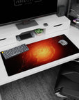 Spiraling nebula ring scene desk pad 36x16 inches with molten glow and scattered star-like specks.