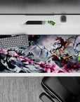 Anime desk pad 36x16 inches in gothic gray, black, and neon pink with fierce, electric energy.
