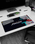 Neon 32x16 mouse pad with digital distortions, midnight blue background, and fragmented character portrait for futuristic, nostalgic vibes