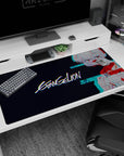 Digital 40x20 anime desk mat with hacked signal effect, deep midnight blue background, and fragmented character portrait for cyberpunk style