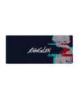 Cyberpunk 28x12 mouse pad with midnight blue background, neon typography, and digital distortions for a glitchy, nostalgic feel