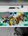 36x16 inches anime desk pad in gold, crimson, and cobalt, glowing energy bursts in a digital storm.