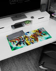 28x12 inches anime mouse pad showing a heroic mecha lineup charging through a neon data-grid battle scene.