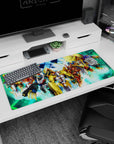 36x16 inches anime desk pad showing heroic mecha lineup charging forward, sharp silhouettes and neon grid.
